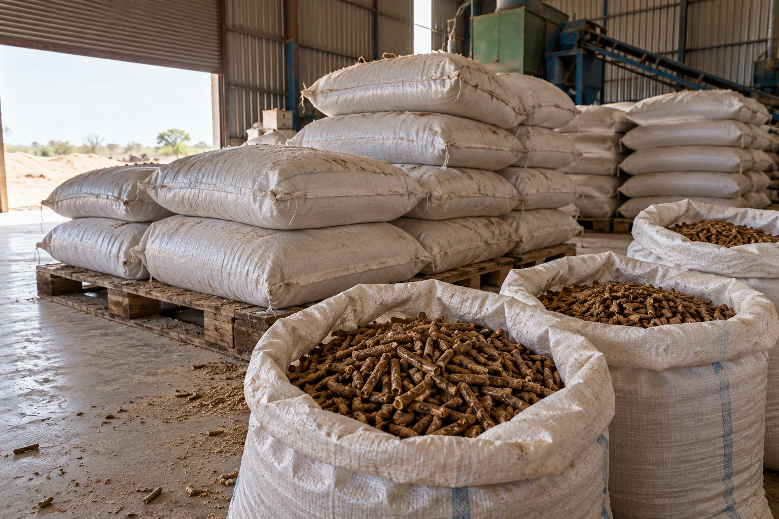 Woven sacks of biomass pellets on pallets in a storage shed, some open to show the pellets