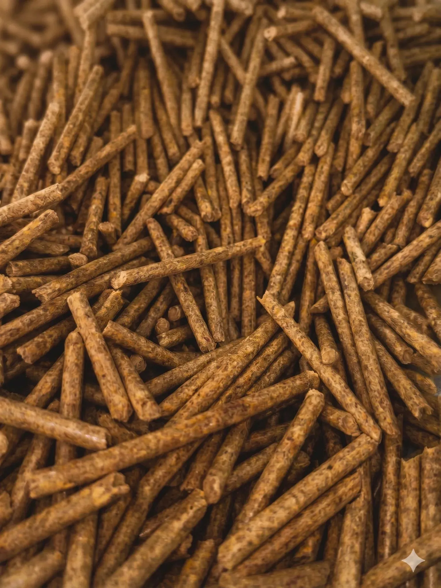 Close-up of Ganpati Agrani Biofuel biomass pellets, fibrous tan cylinders packed together