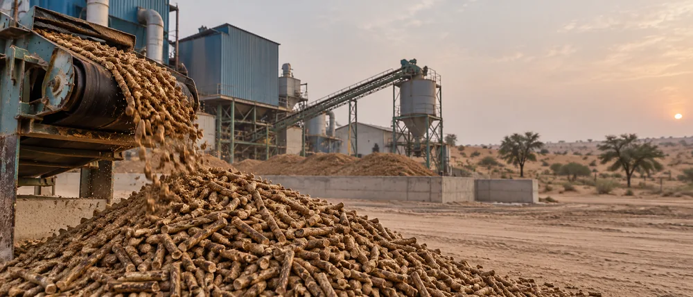 Co-firing in power plants: Biomass plant yard near Bikaner at dusk with a conveyor pouring pellets onto a heap