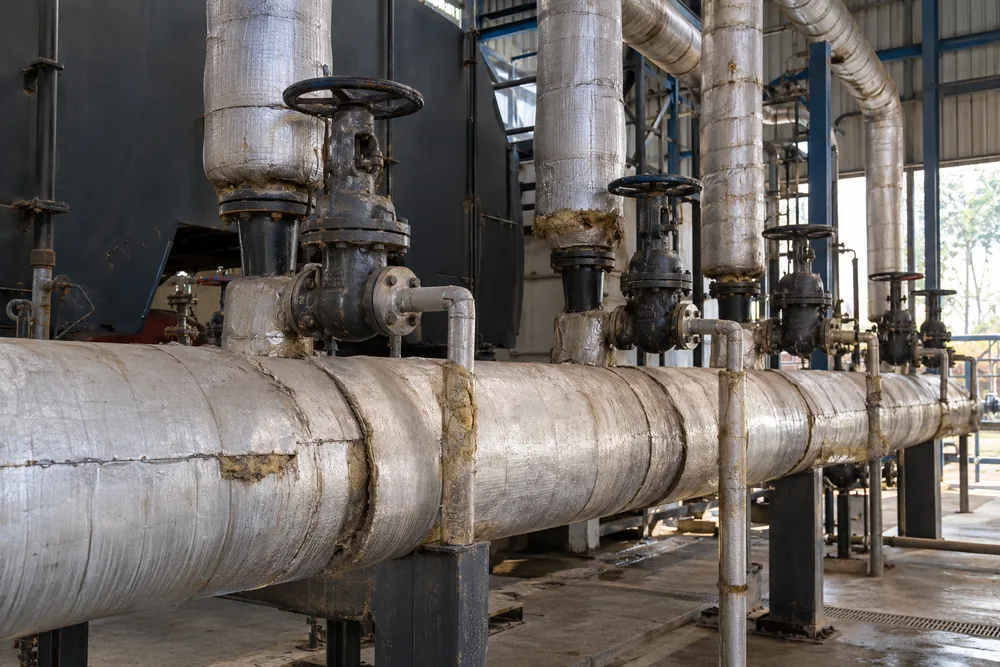 Insulated steam header pipes with valves in a boiler house