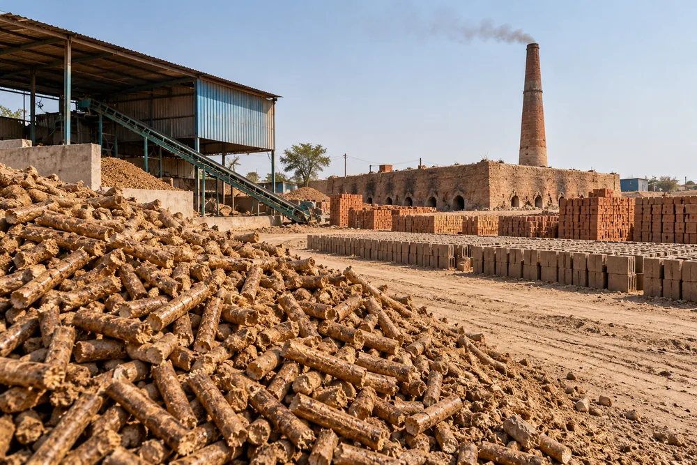 Brick kiln chimney in Rajasthan with a heap of biomass pellets in the foreground