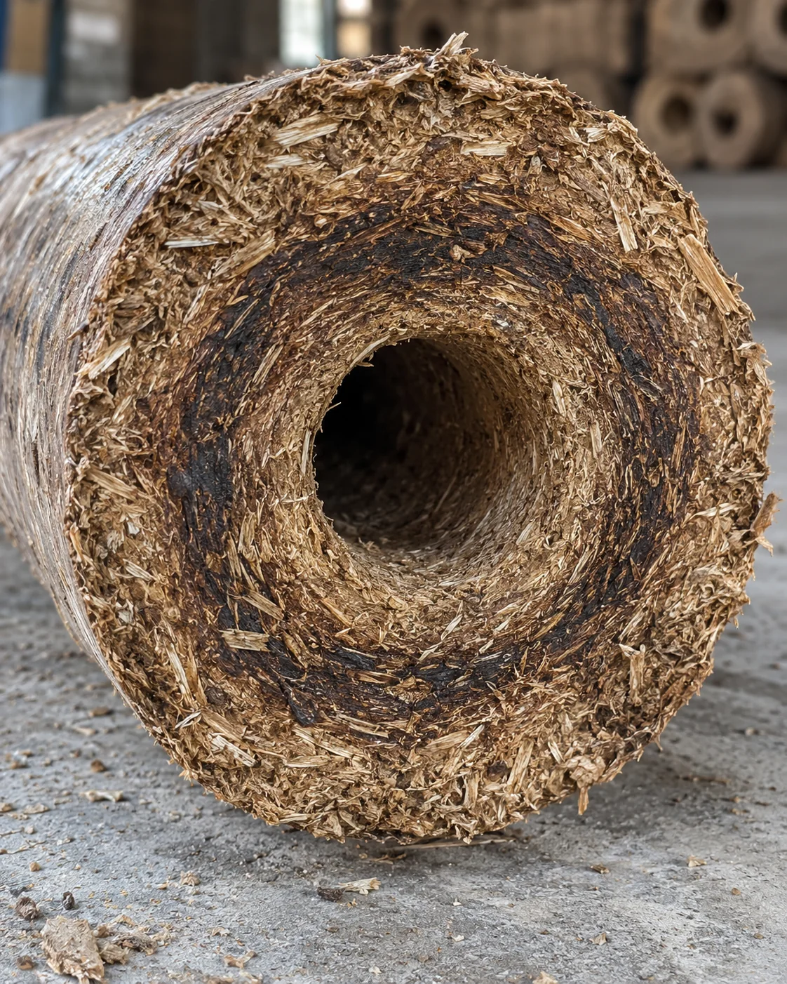 Macro of the end face of a hollow-core biomass briquette showing compressed fibres