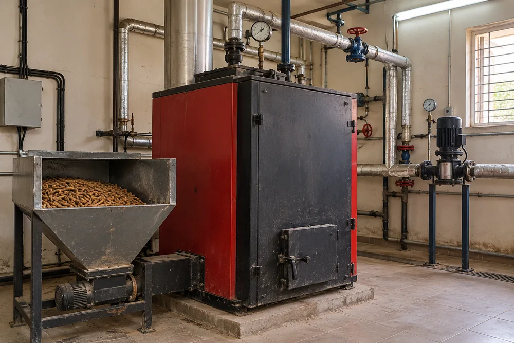 Compact biomass hot water boiler with a pellet hopper in a commercial boiler room