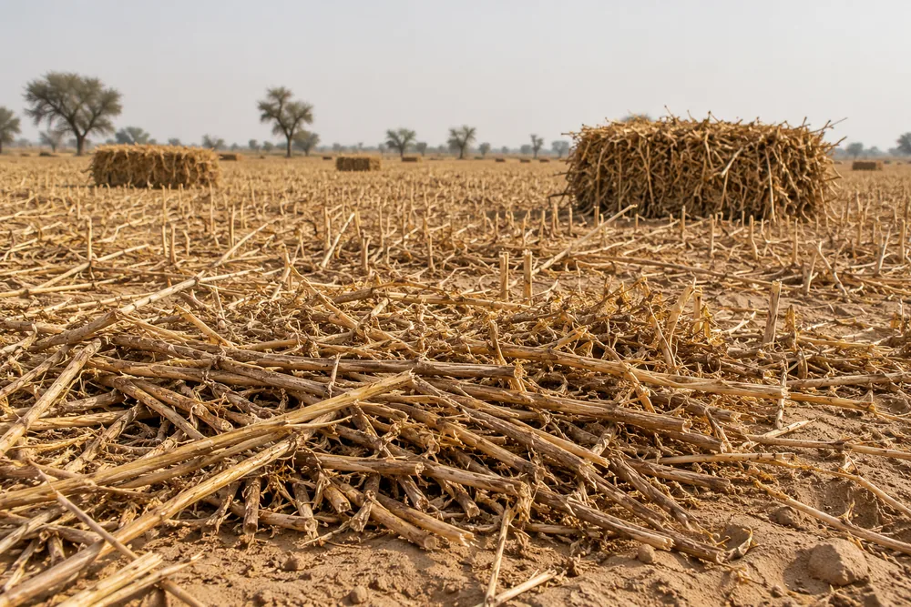 Harvested mustard field near Bikaner with dry stalk residue and bales on sandy soil