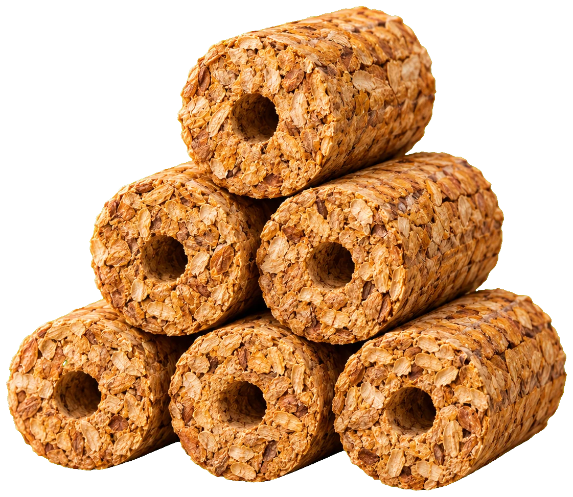 Hollow-core groundnut shell biomass briquettes stacked on a concrete floor