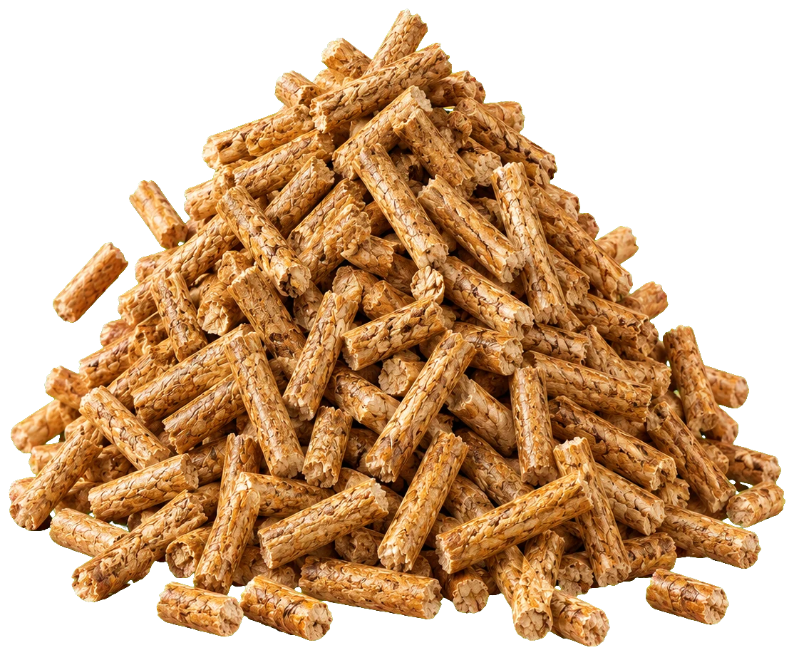 Groundnut shell biomass pellets in light golden tan on concrete beside cracked groundnut shells