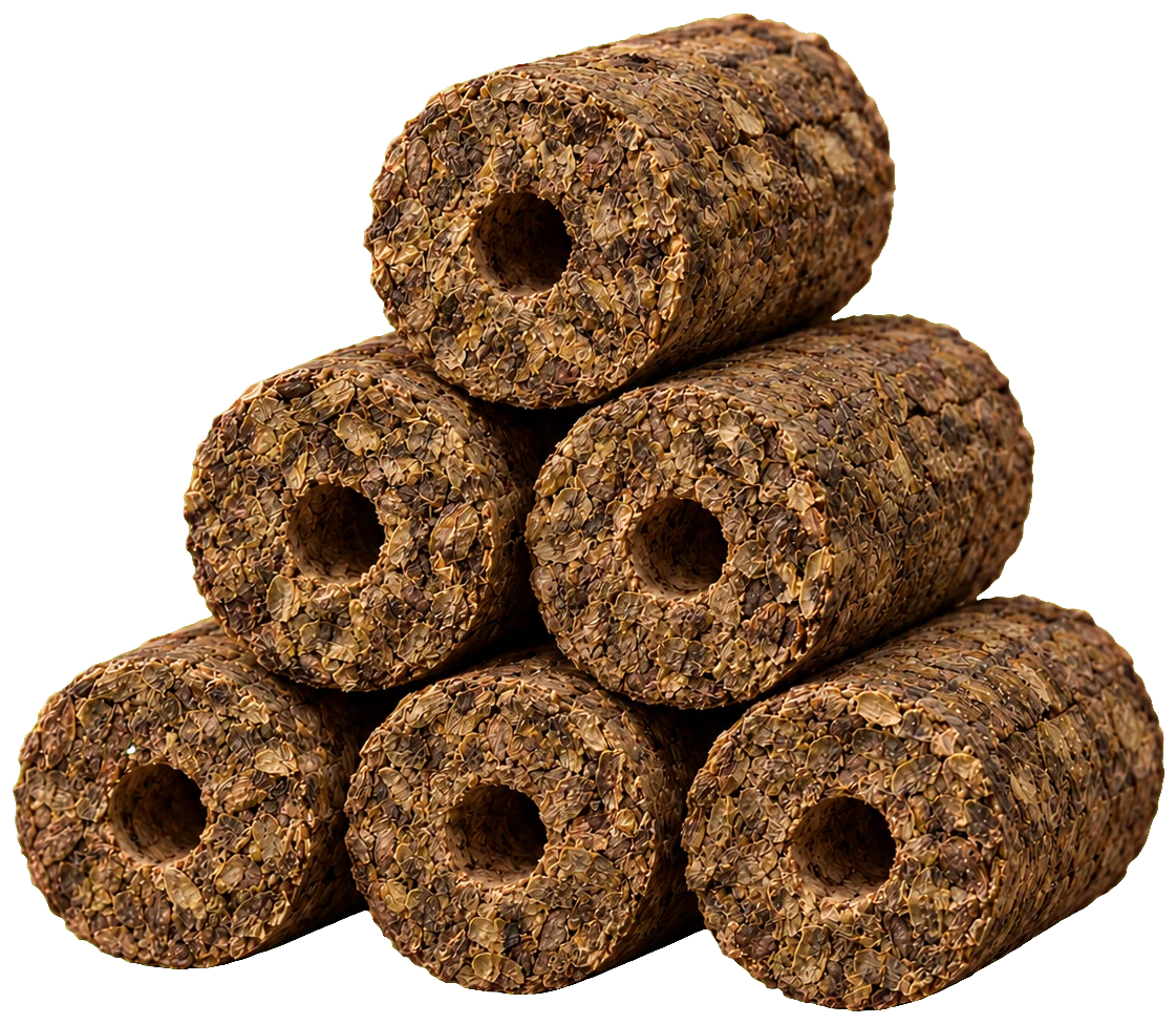 Hollow-core mustard husk biomass briquettes stacked on a biomass plant floor