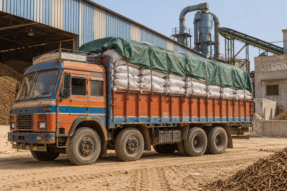 Indian ten-wheel lorry loaded with sacks of biomass fuel under a green tarp in a plant yard
