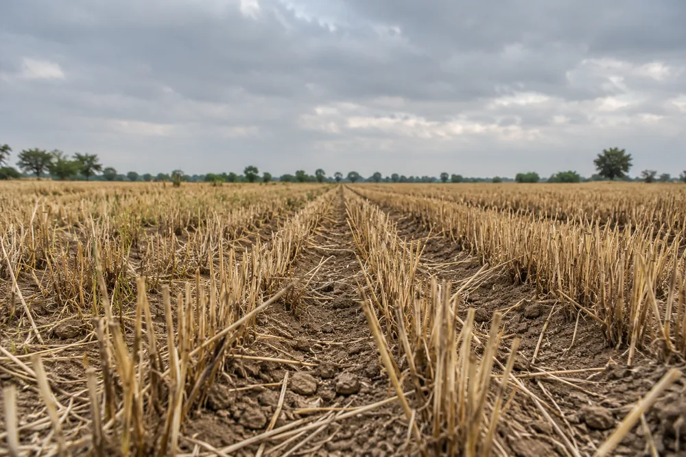 Rows of dry stubble in a harvested field under an overcast sky