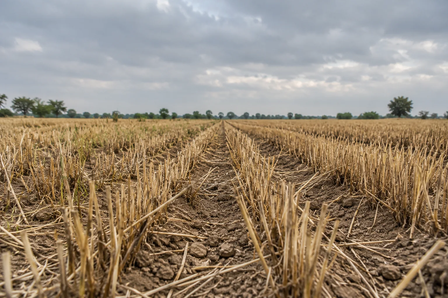 Rows of dry stubble in a harvested field under an overcast sky