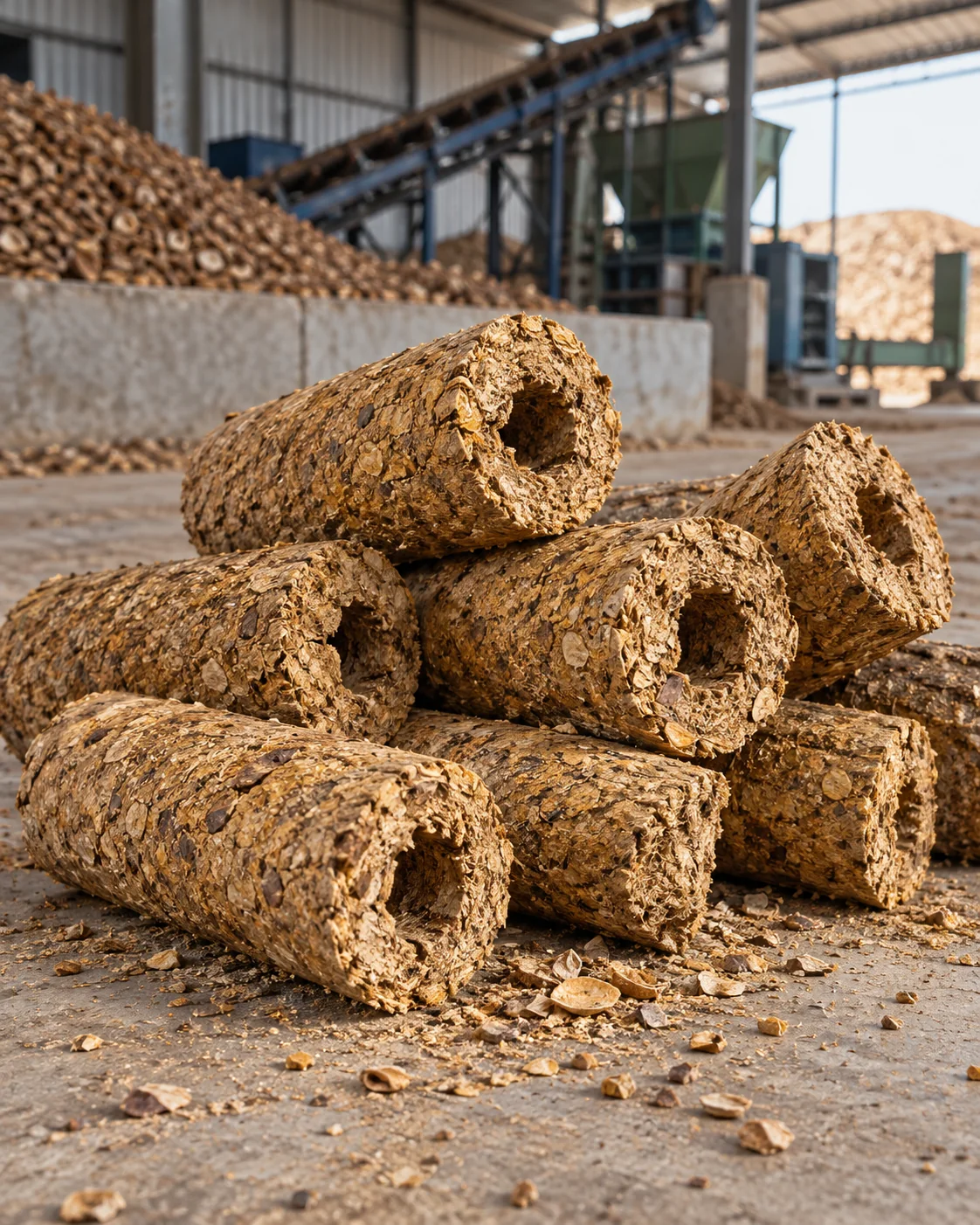 Hollow-core groundnut shell biomass briquettes stacked on a concrete floor