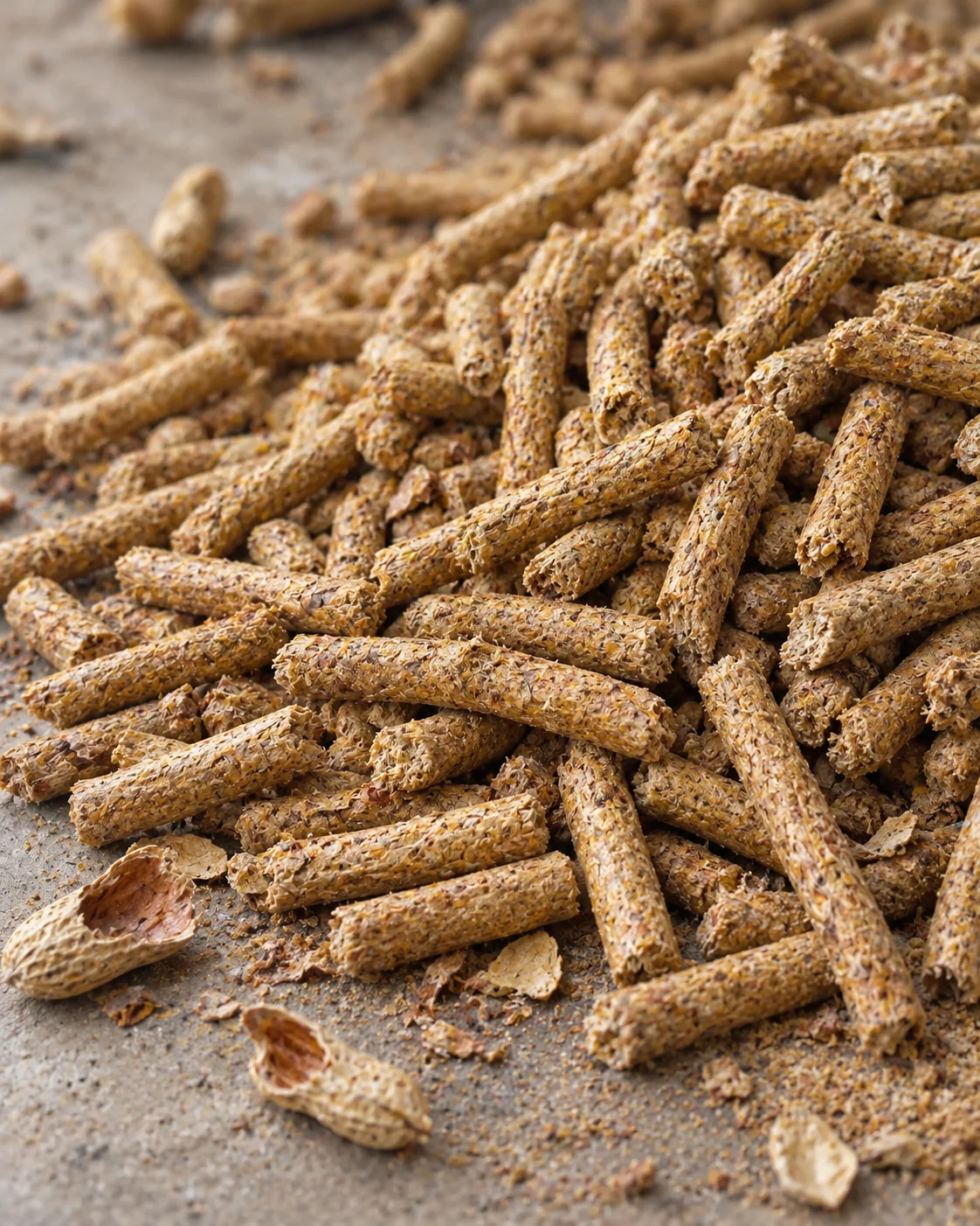 Groundnut shell biomass pellets in light golden tan on concrete beside cracked groundnut shells