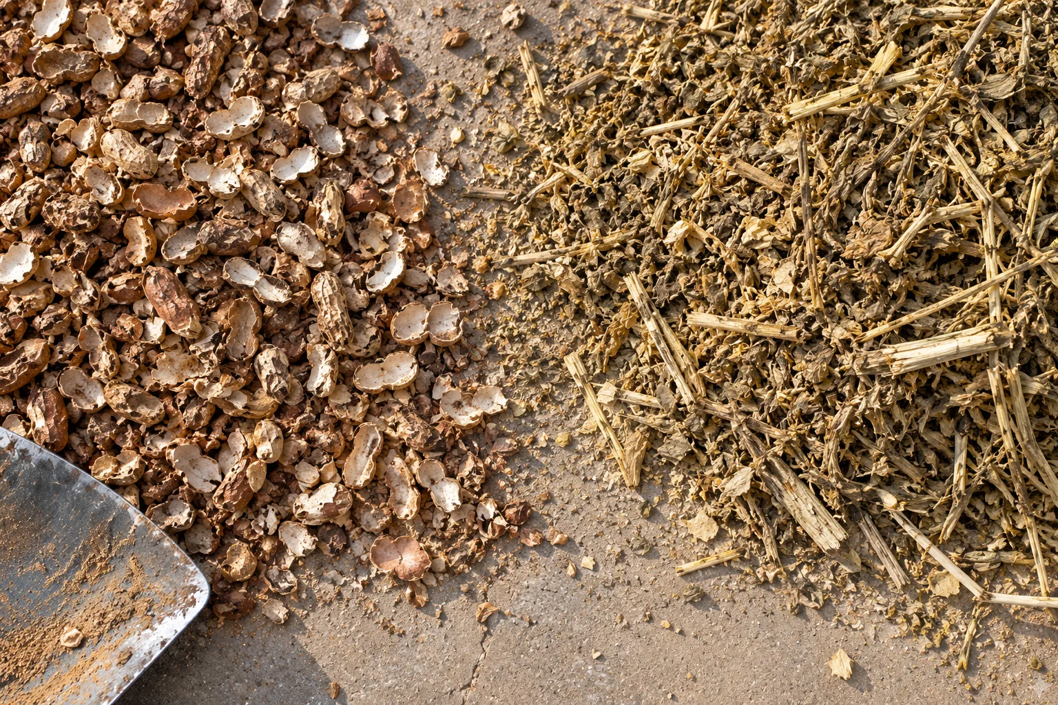Raw groundnut shells and dry mustard husk in two heaps on a concrete yard