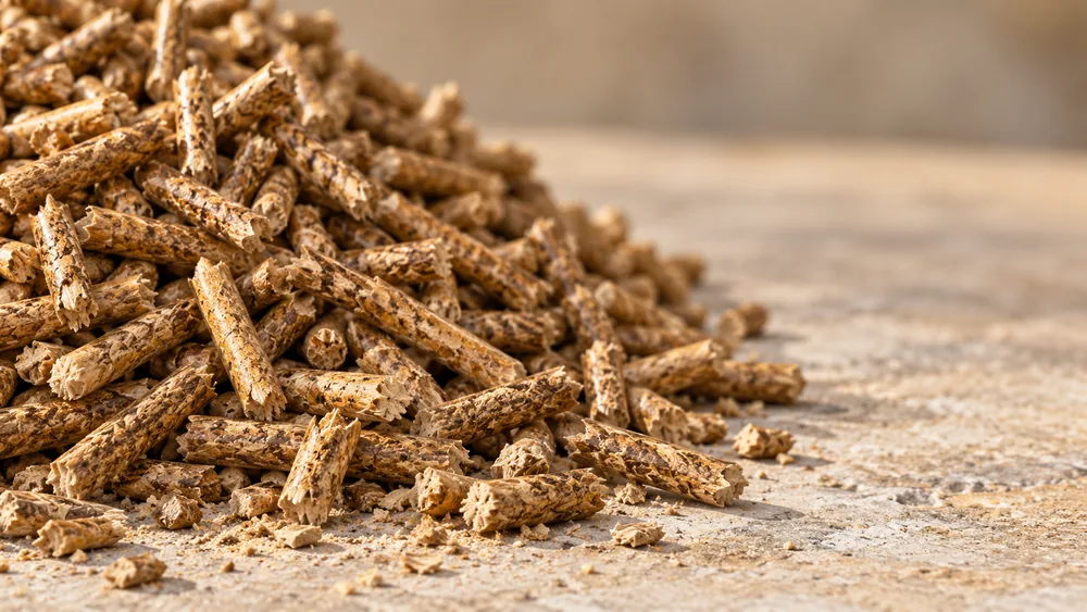 Close-up of a heap of biomass pellets on weathered sandstone in soft daylight, broken pellets and dust in front