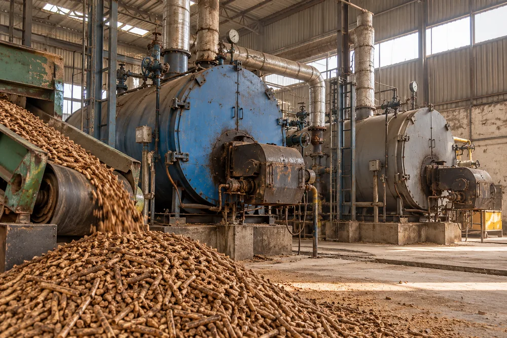 Blue and grey industrial steam boilers in a factory boiler house with biomass pellets on a conveyor