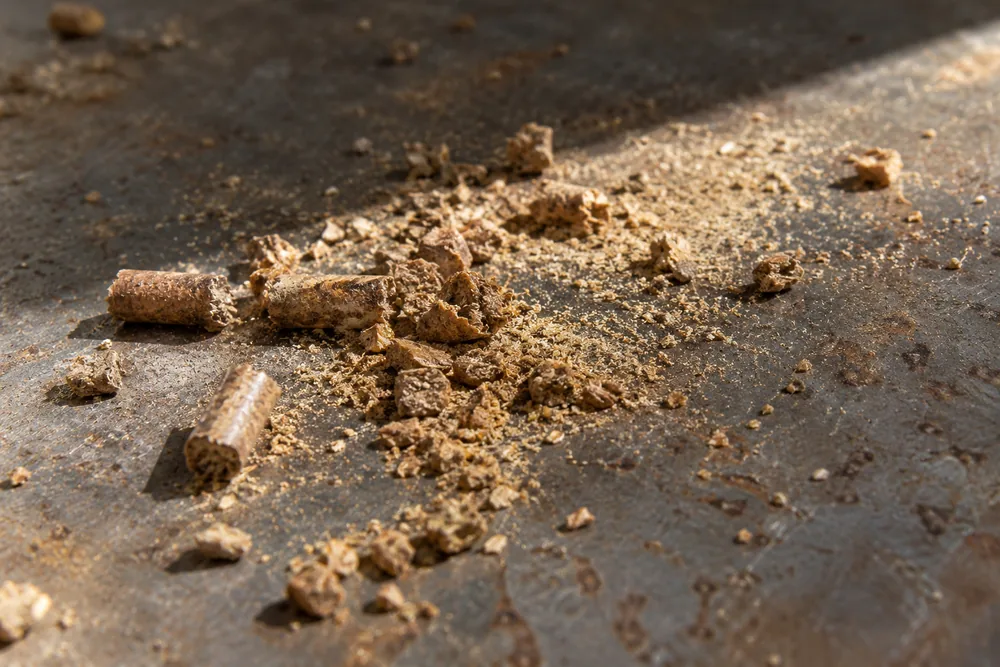 Pellet fines and dust caught in a beam of light on steel