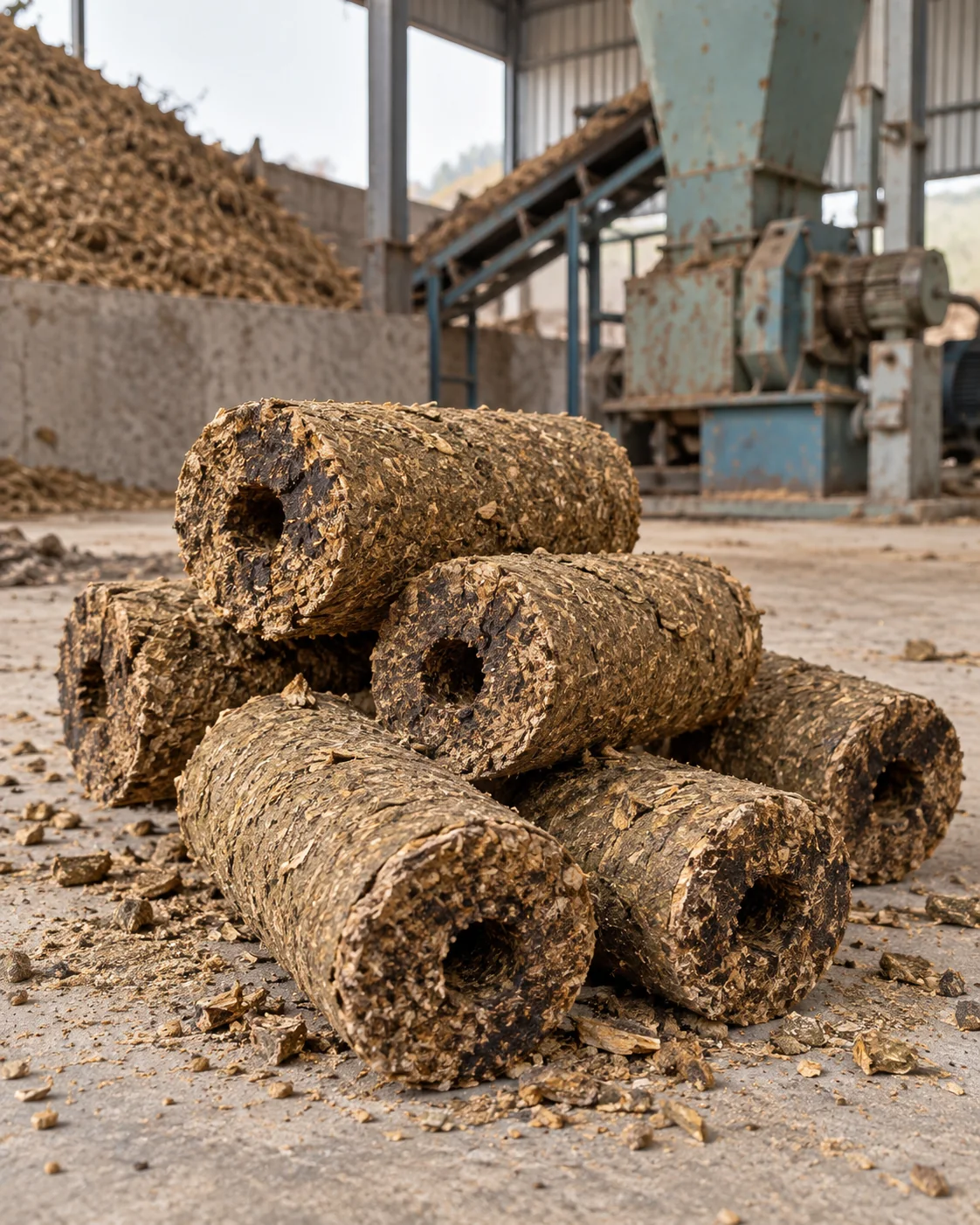 Hollow-core mustard husk biomass briquettes stacked on a biomass plant floor
