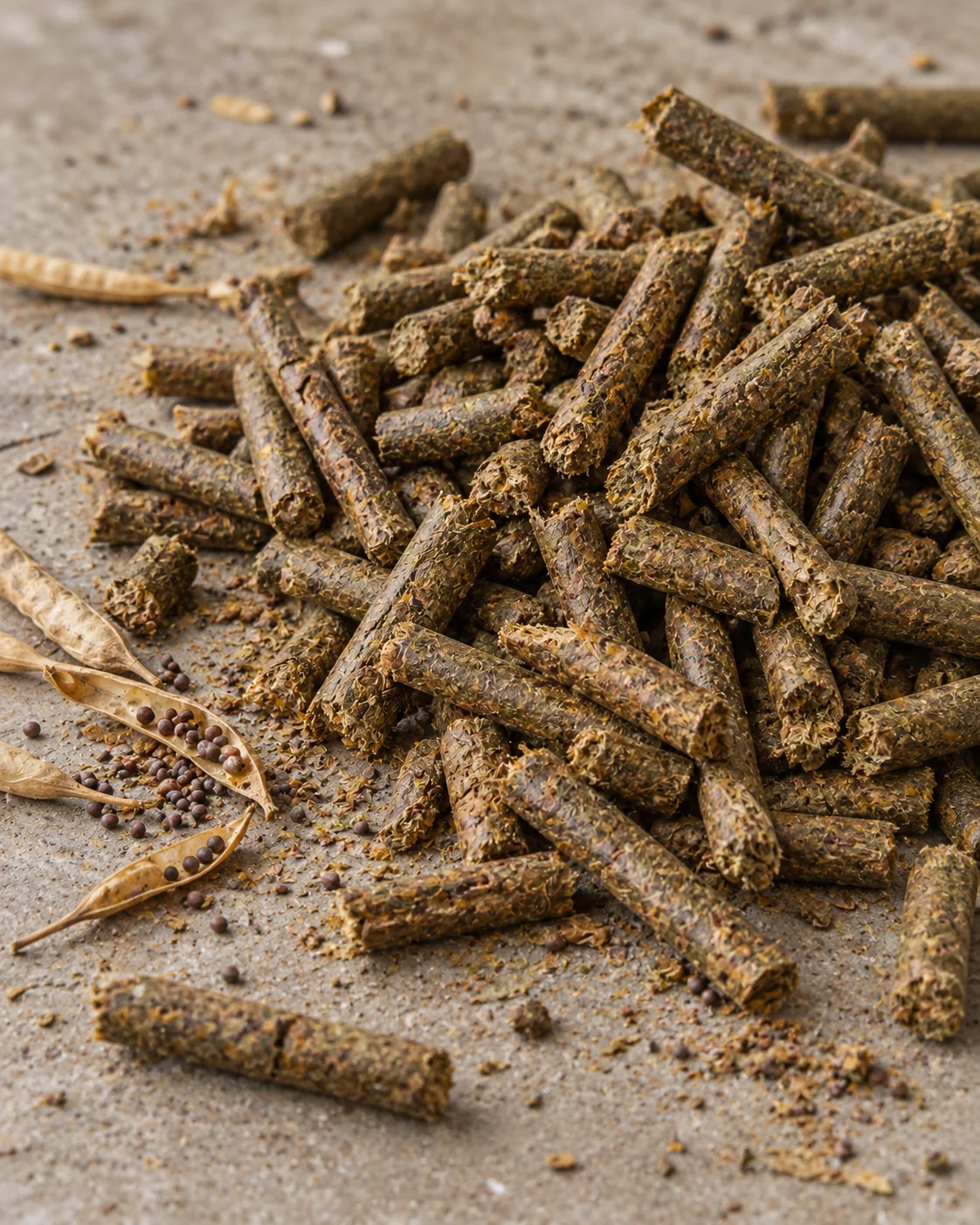 Mustard husk biomass pellets, olive brown and 6 to 8 mm thick, on raw concrete with dry mustard pods