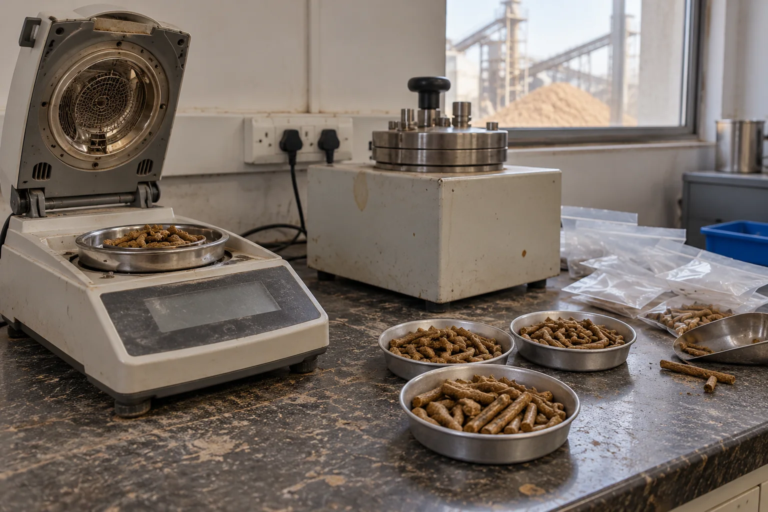 Quality-control bench with a moisture analyser, a calorimeter and dishes of biomass pellet samples
