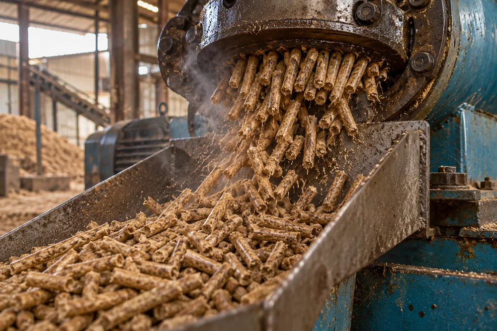 Fresh biomass pellets pouring from a ring-die pellet mill into a steel chute