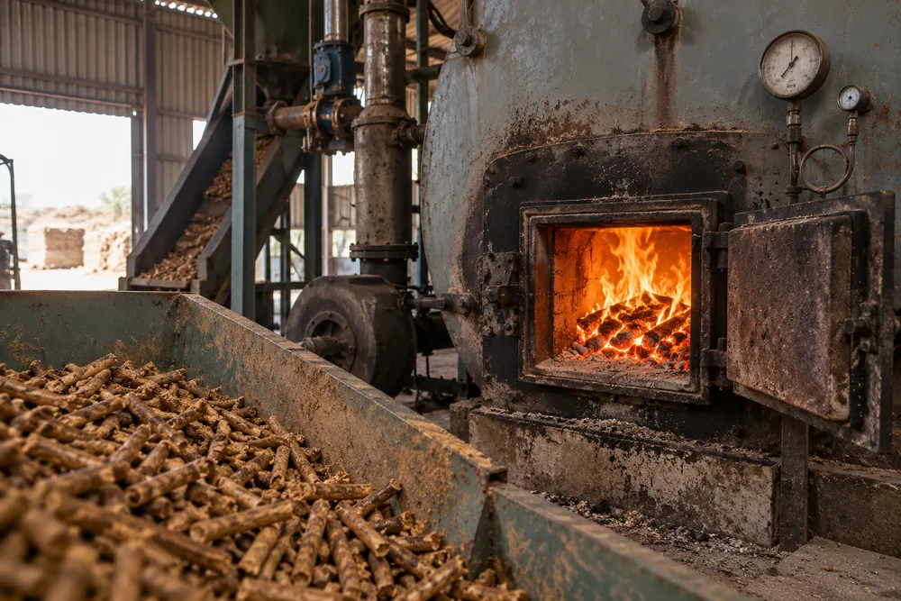 Biomass pellets burning behind the open door of an industrial boiler