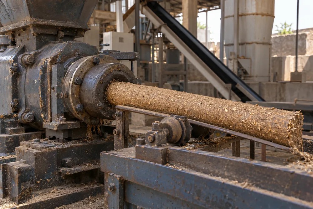 Briquetting press extruding a continuous biomass briquette log