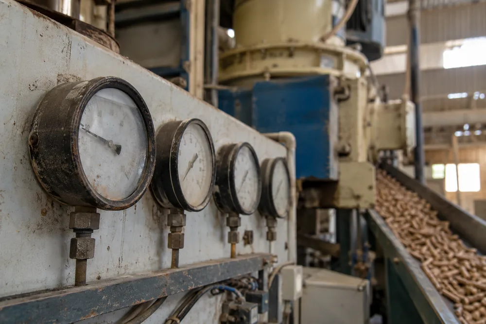 Pressure and temperature gauges on a pellet press panel