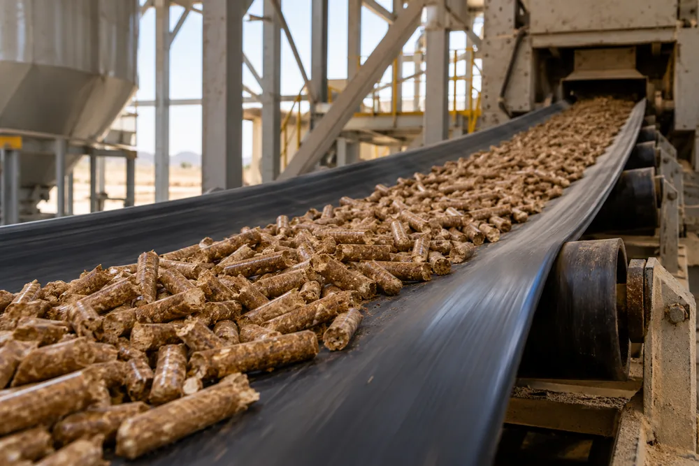 Biomass pellets travelling on a rubber conveyor belt