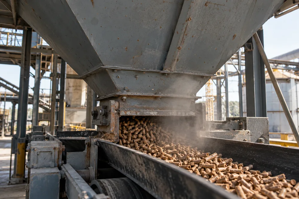 Pellet cooler hopper releasing steam in a biomass plant