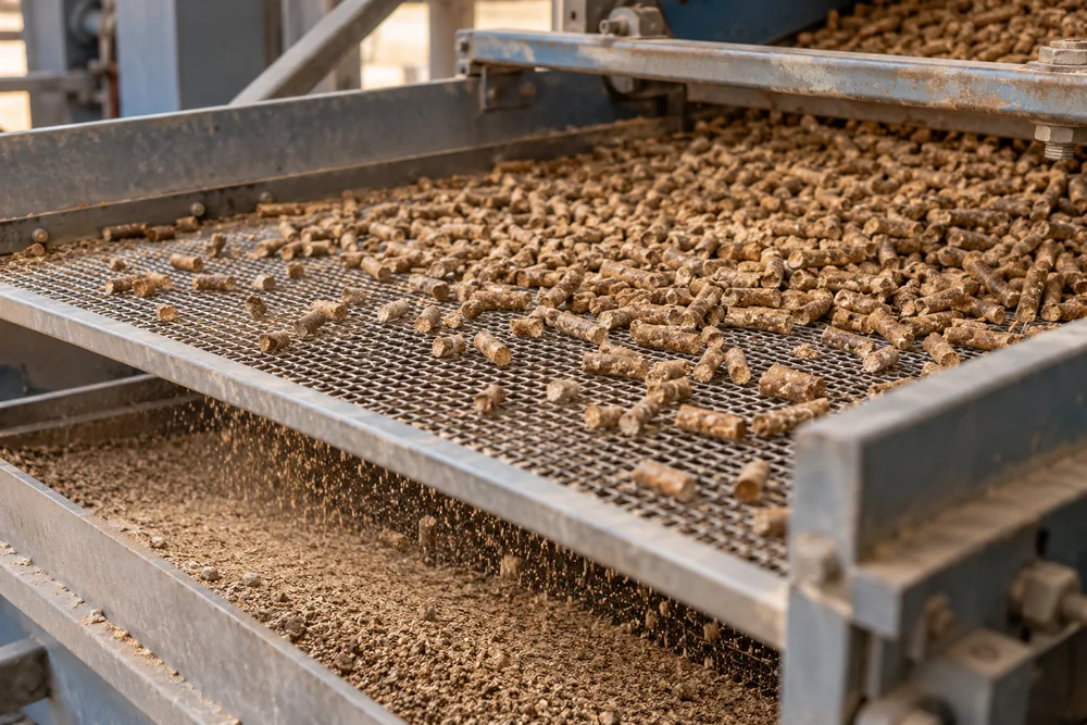 Vibrating sieve screen separating pellets from fines