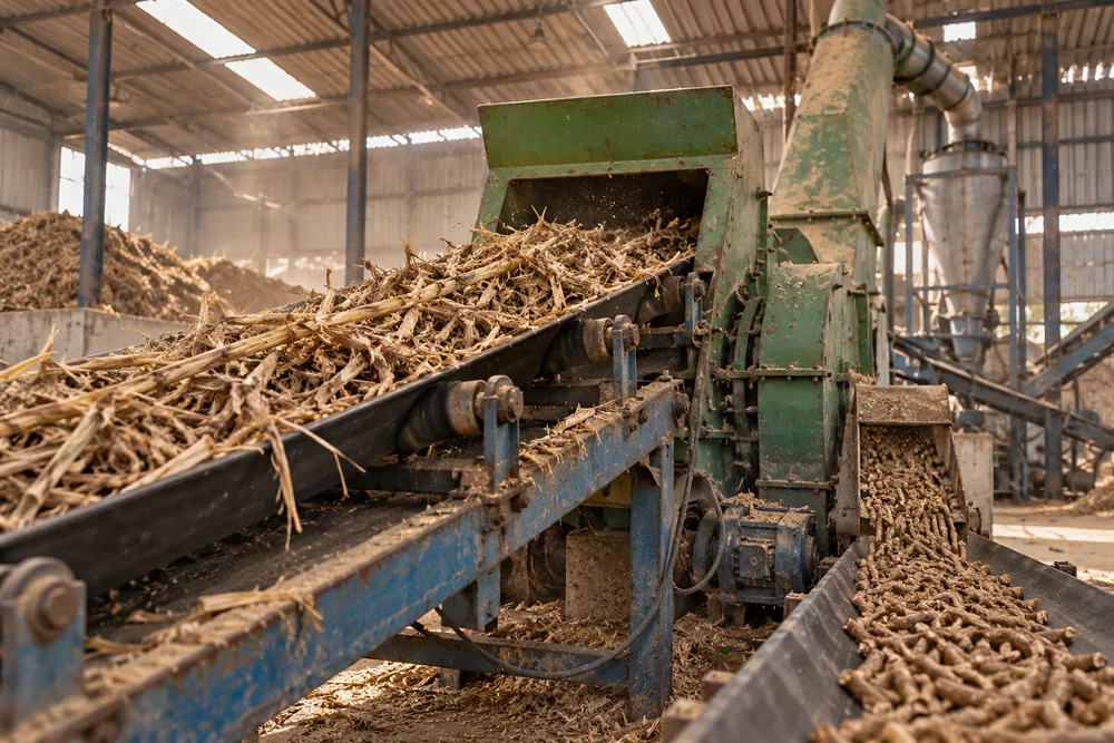Dry crop residue on a conveyor feeding a green shredder inside a biomass plant shed