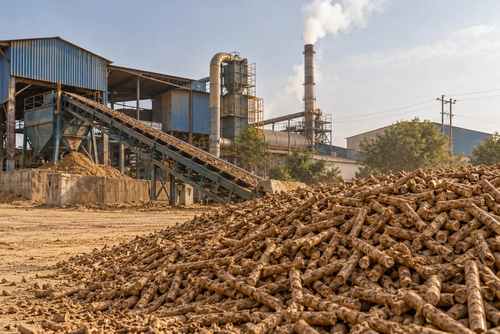 Indian textile mill sheds with a steaming boiler stack and a heap of biomass fuel in the yard